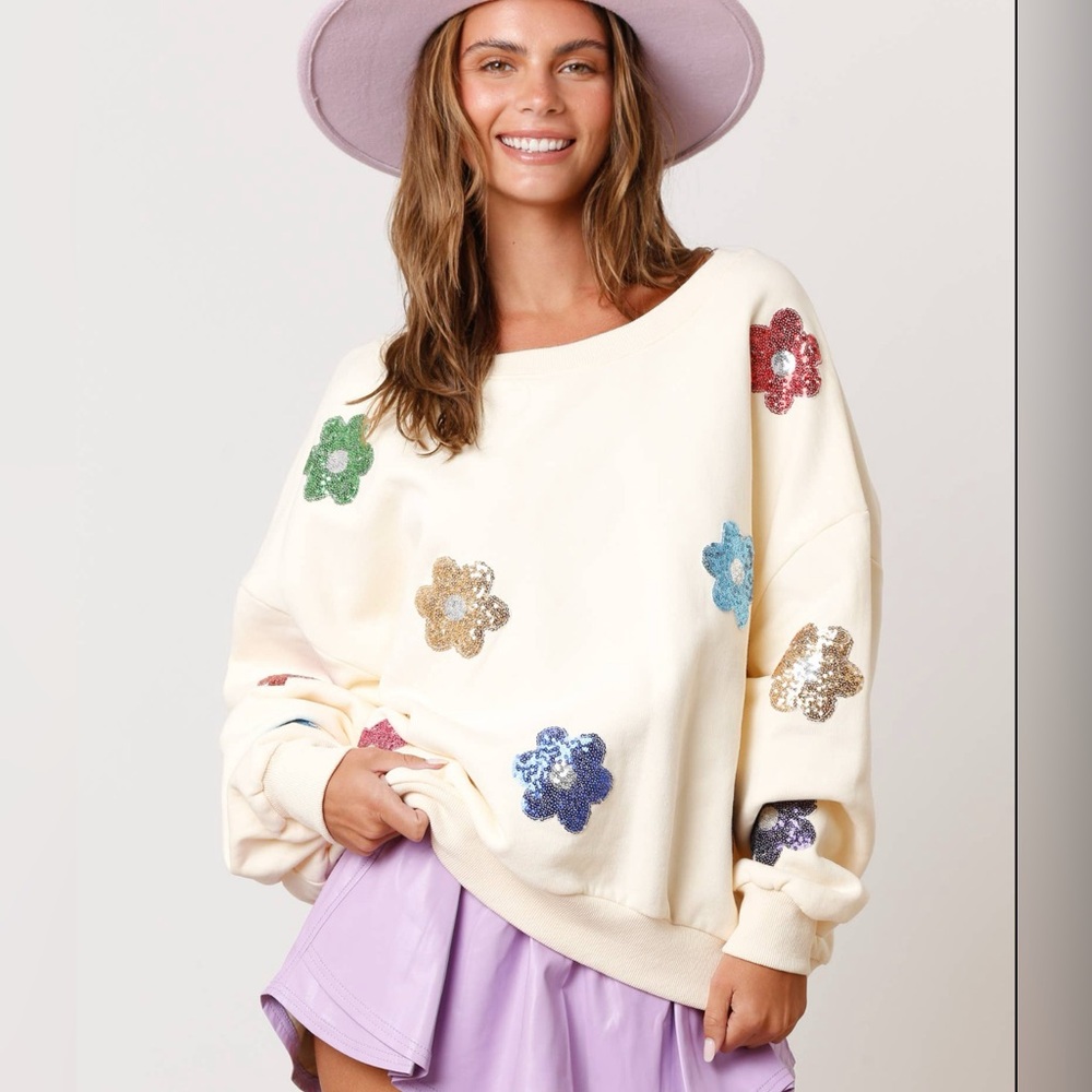 Peach Love California sequin flower patch sweater